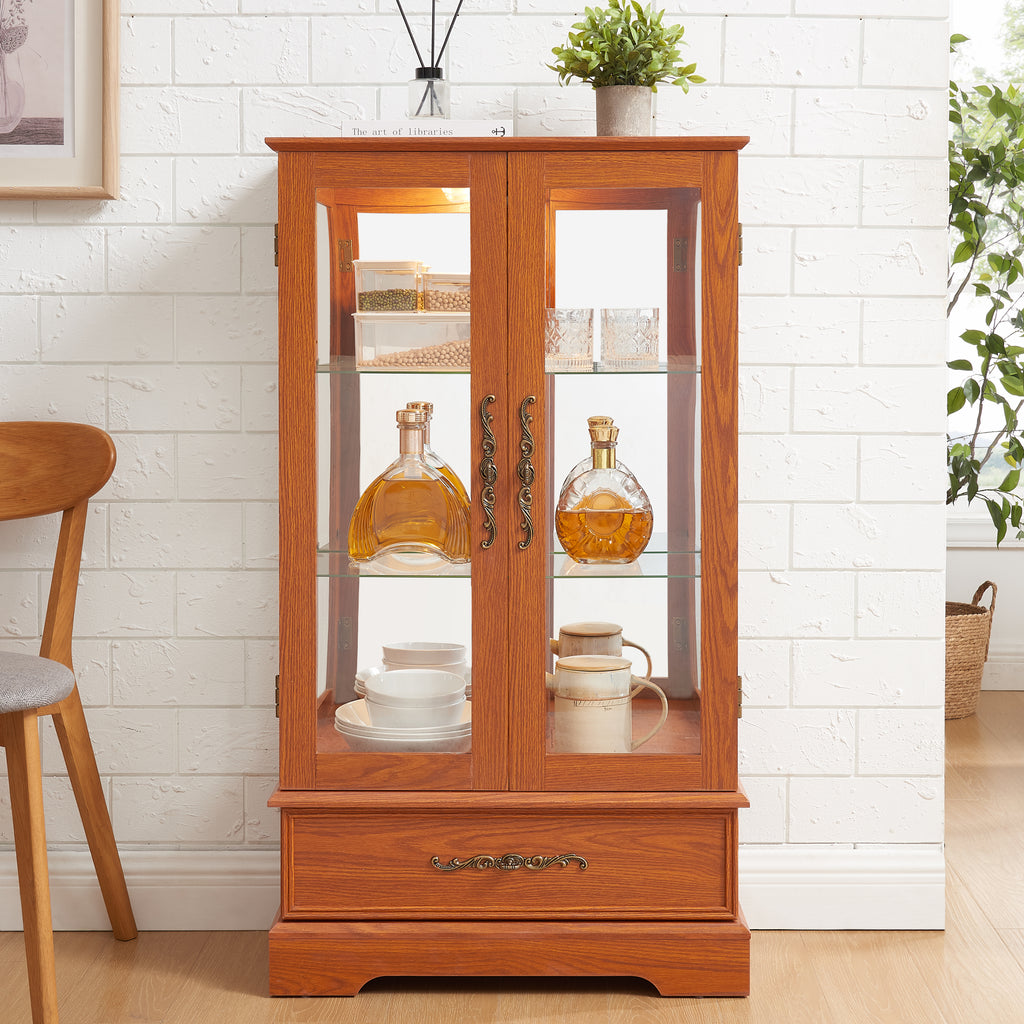 Lighted Glass Curio Cabinet with Adjustable Shelves - Elegant 2-Door Display Cabinet & Built-in Drawer, Includes Bulb -DARK OAK