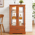 Lighted Glass Curio Cabinet with Adjustable Shelves - Elegant 2-Door Display Cabinet & Built-in Drawer, Includes Bulb -DARK OAK