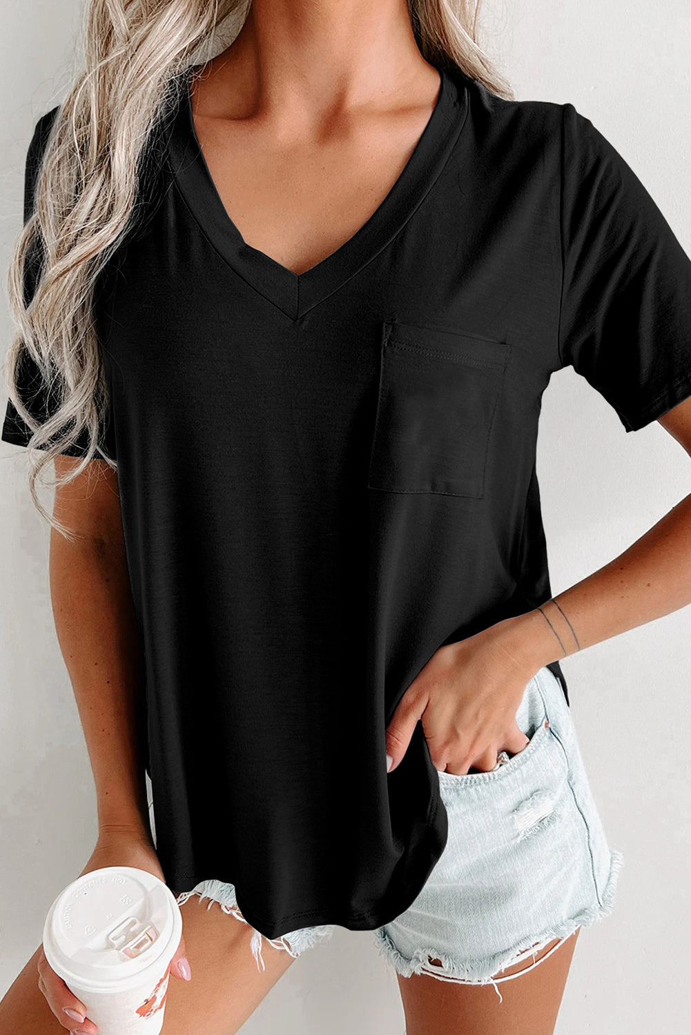 Black Solid Color V Neck Pocket Rounded Hem Tee - Eloy Royal