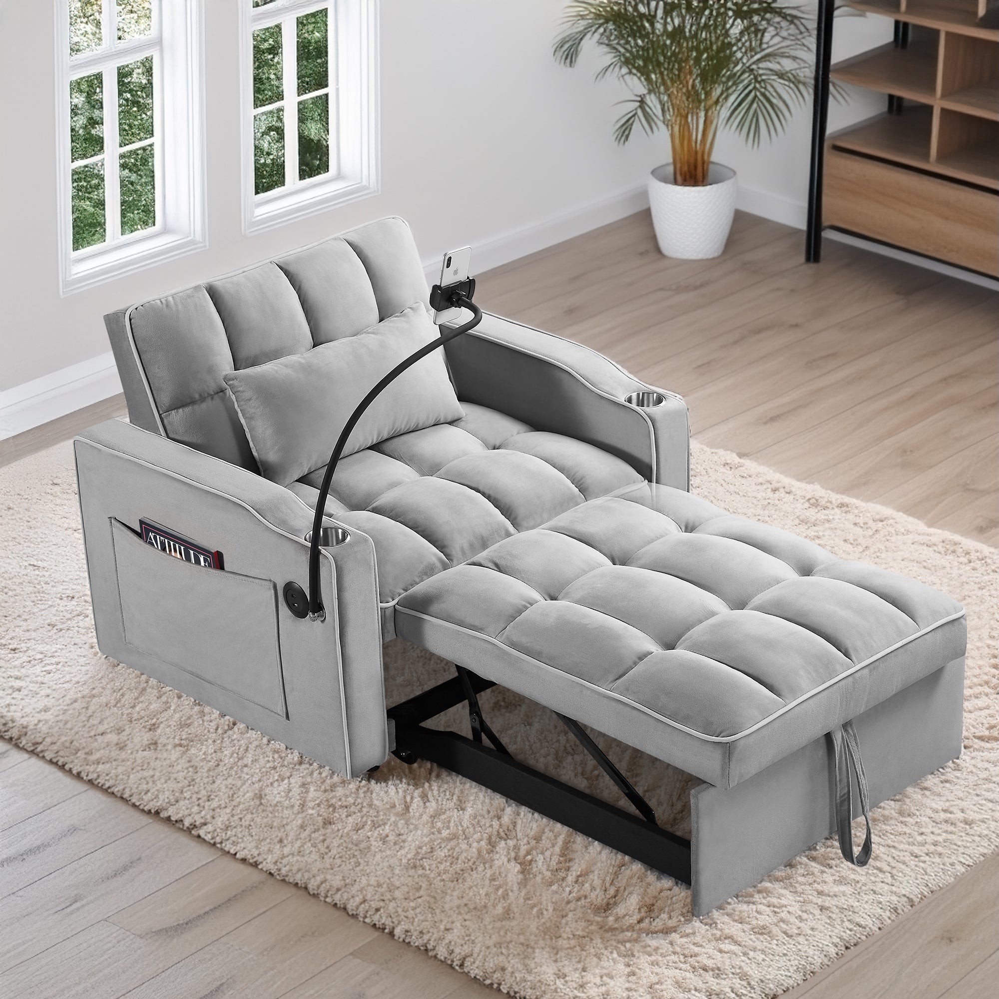 Convertible Sleeper Chair Sofa Bed Adjustable Pull Out Sleeper Chair Bed Multi-Pockets Folding Sofa Bed for Living Room Bedroom Small Space,3-in-1 Sofa Bed