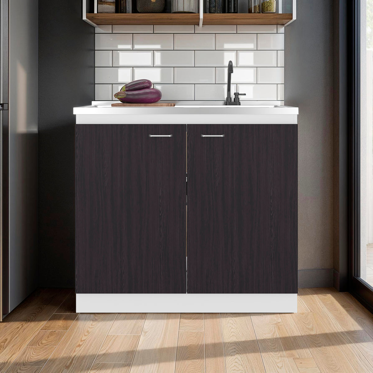 Extremo Kitchen Storage Cabinet with 2 Doors and 3 Shelves, WHITE AND WENGUE