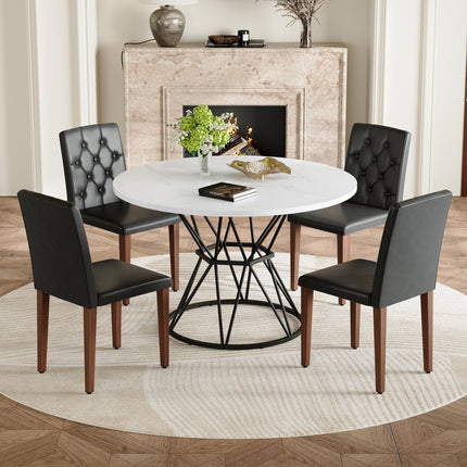 Table and chair set. A circular white MDF dining table with a diameter of 47.3 inches,black hourglass shaped metal brackets.Paired with 4 Black PU chairs with decorative buckle design on the backrest.