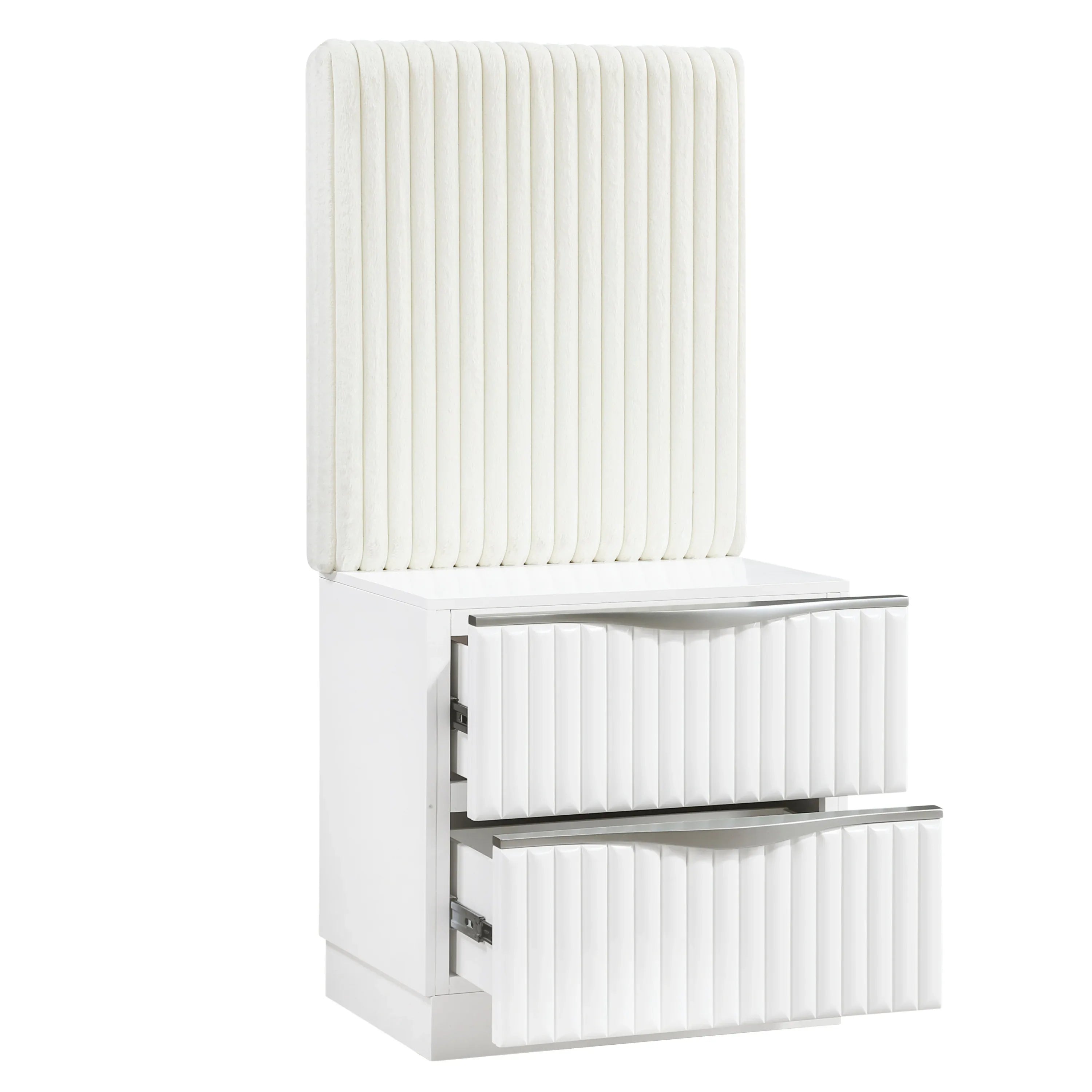 Luxurious Pearl White Finish Two Drawers Nightstand with Wall Panel Upholstery Sleek Handles Glam Bedroom Furniture 1pc Bedside Cabinet - Eloy Royal
