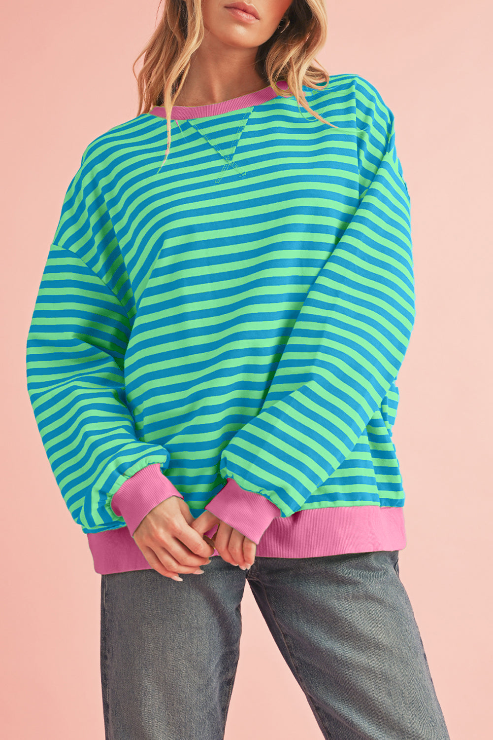 Green Stripe Contrast Edge Oversized Sweatshirt