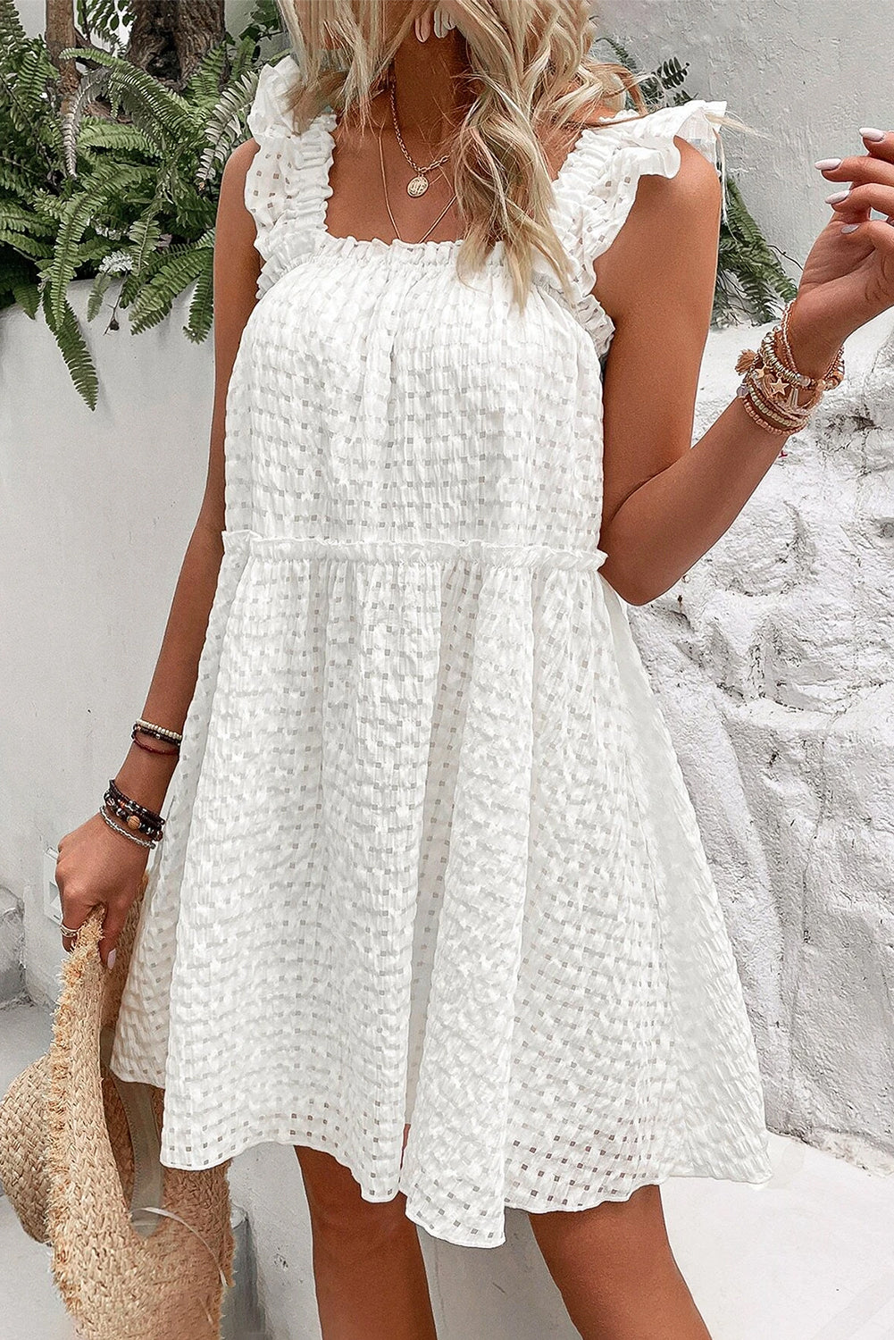 White Ruffle Straps Frill Trim Textured Vacation Dress - Eloy Royal