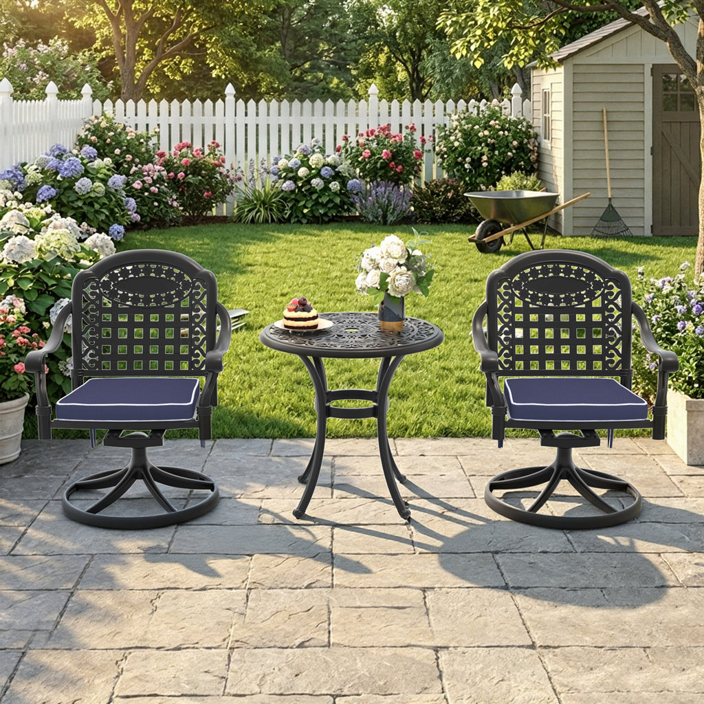 3-Piece All-Weather Cast Aluminum Dining Set, Include 2 Swivel Chairs and 26.77' Round Table With Black Frame