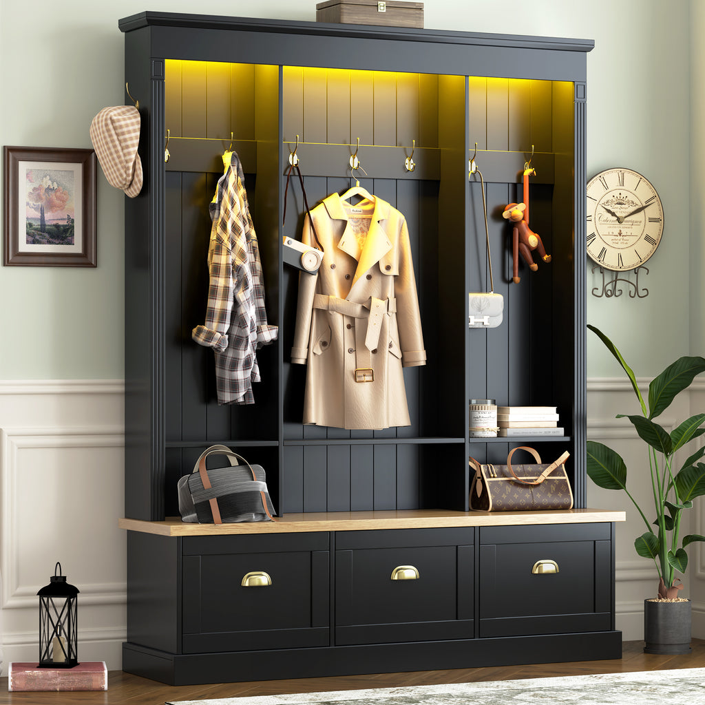 [Assembly Video] Elegant APP Controlled LED Light Hall Tree with 9 Hooks, Roman Column Design Natural Storage Bench with 3 Large Cabinets, Farmhouse Entryway Organizer with Shelves for Hallway, Black