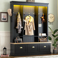 [Assembly Video] Elegant APP Controlled LED Light Hall Tree with 9 Hooks, Roman Column Design Natural Storage Bench with 3 Large Cabinets, Farmhouse Entryway Organizer with Shelves for Hallway, Black