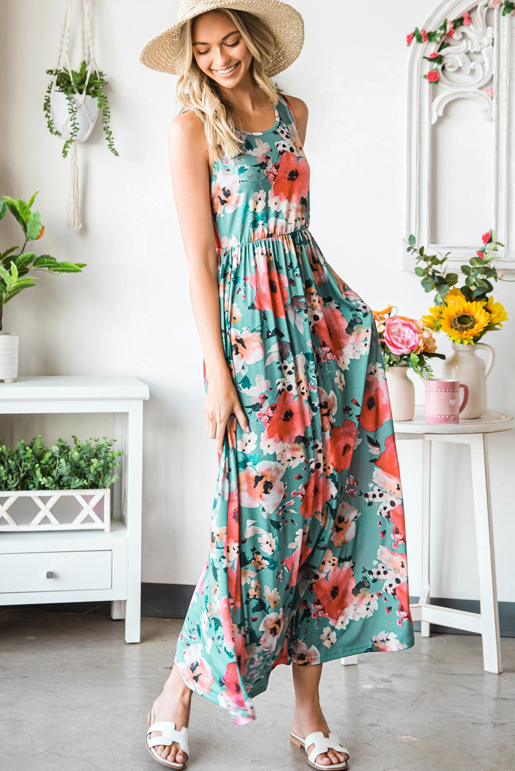 Green Floral Print Sleeveless Maxi Summer Tank Dress - Eloy Royal