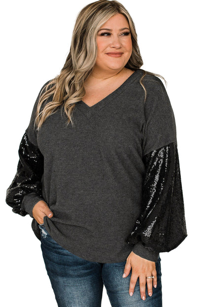 Wholesale Black Plus Size Sequin Bubble Sleeve V Neck Knit Top - Eloy Royal