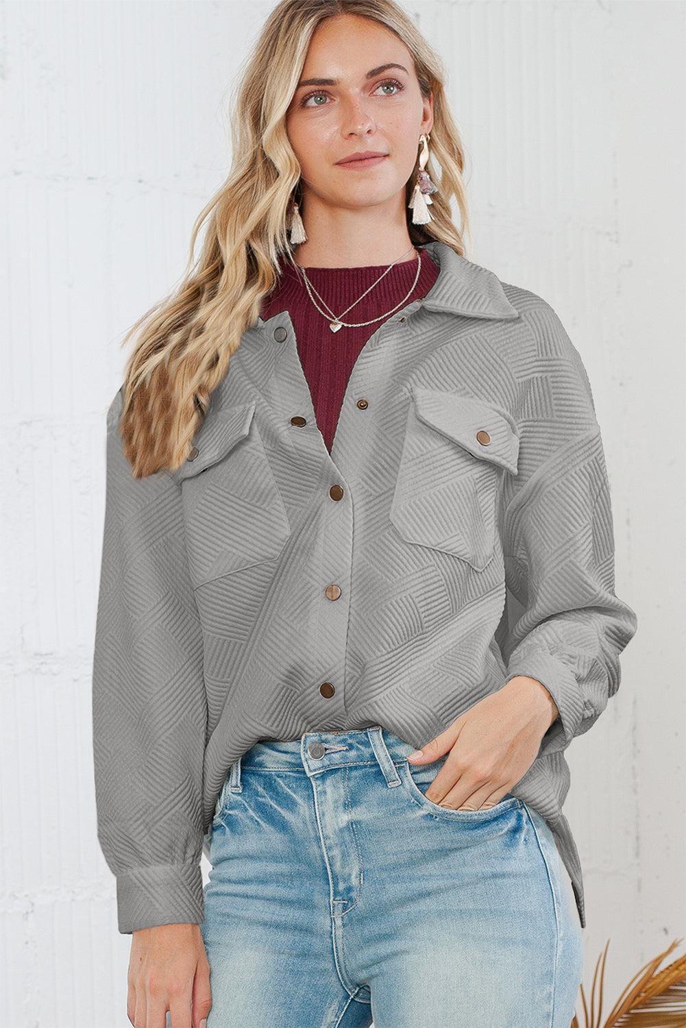 Wholesale Gray Solid Textured Flap Pocket Buttoned Shacket - Eloy Royal