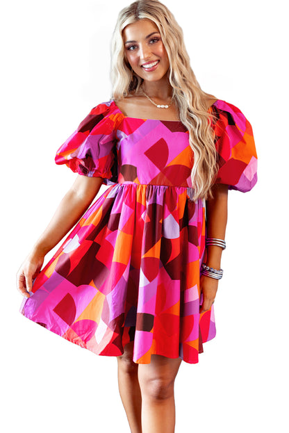 Red Abstract Print Square Neck Puff Sleeve Dress - Eloy Royal