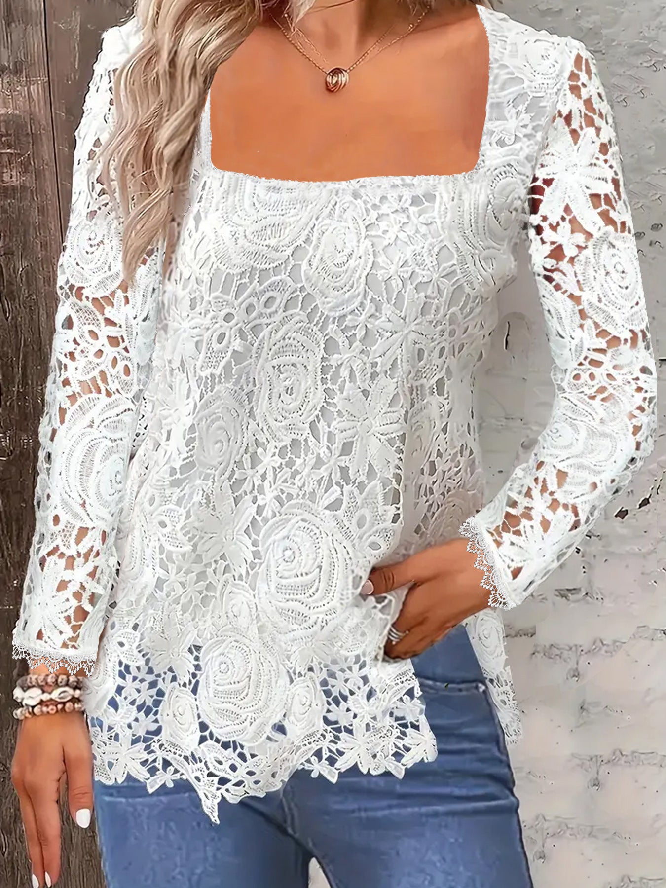 Fashion Long Sleeve Square Neck Tops Women Solid Color Floral Lace Shirt