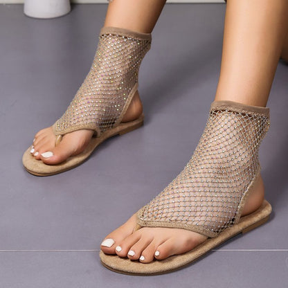 Fashion Rhinestone Mesh Thongs Sandals Summer Flat Shoes Flip Flops Casual Vacation Beach Shoes For Women - Eloy Royal