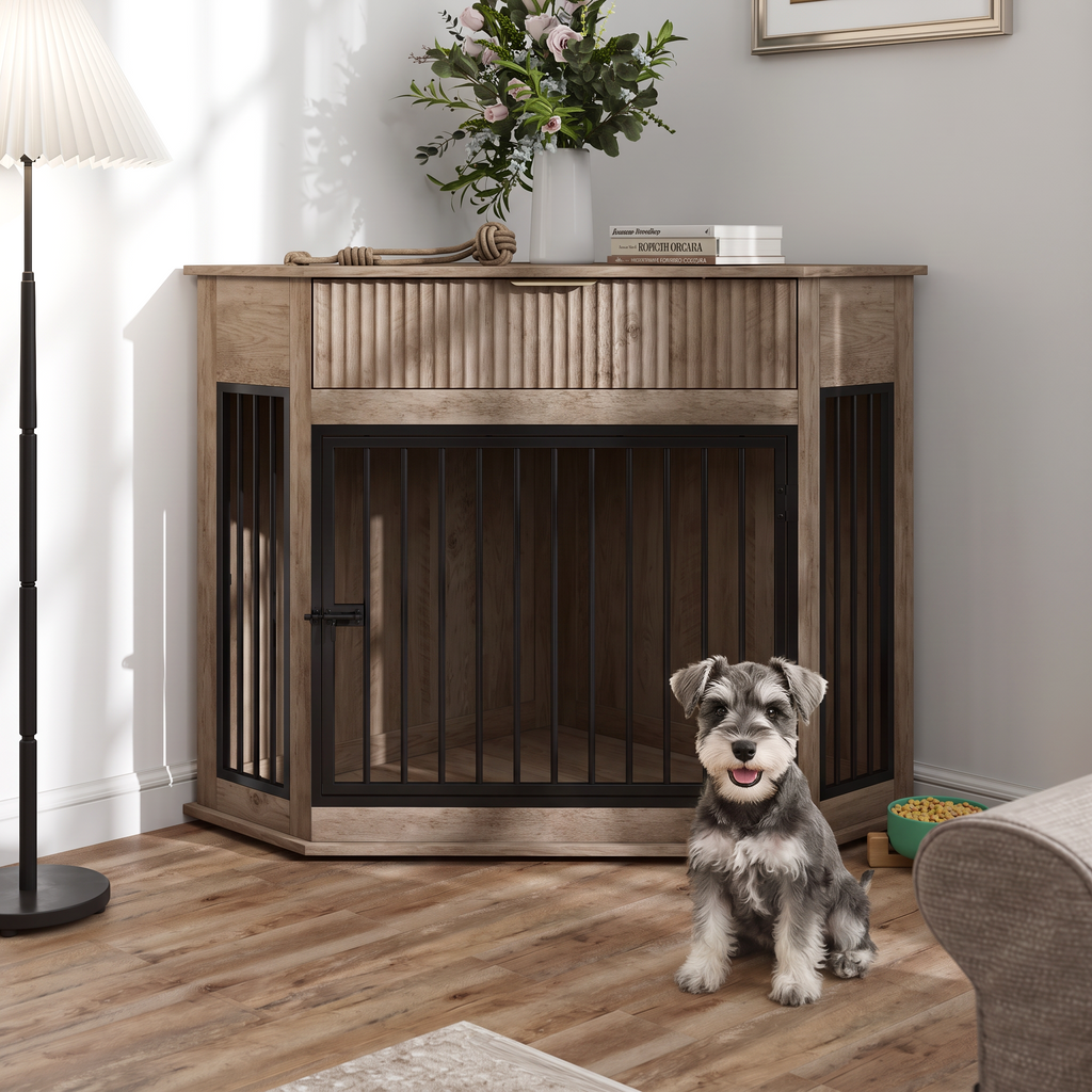44.6'' Corner MDF Dog Crate Furniture for Small/Medium Dogs, Decorative Dog Kennel End Table with Fluted Drawer Storage, Modern Space-Saving Dog Cage Cabinet for Home Décor Indoor(Grey Oak)
