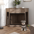 44.6'' Corner MDF Dog Crate Furniture for Small/Medium Dogs, Decorative Dog Kennel End Table with Fluted Drawer Storage, Modern Space-Saving Dog Cage Cabinet for Home Décor Indoor(Grey Oak)