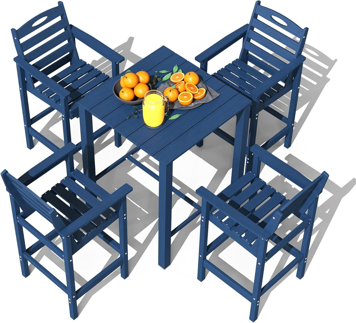 HDPE Adirondack Patio Table and Chairs Set of 5, Outdoor HDPE Patio Bar Set, All Weather Bar Chairs and Table Set for Patio, Balcony, Backyard, Poolside, Navy Blue
