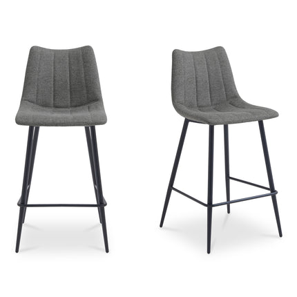 Counter Stool, Curved Seat Performance Fabric, Tapered Iron Legs, Dark Grey
