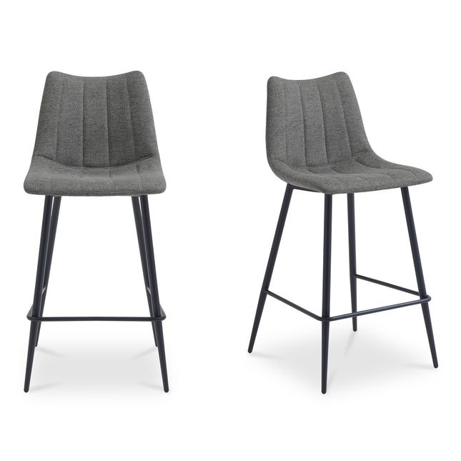 Counter Stool, Curved Seat Performance Fabric, Tapered Iron Legs, Dark Grey