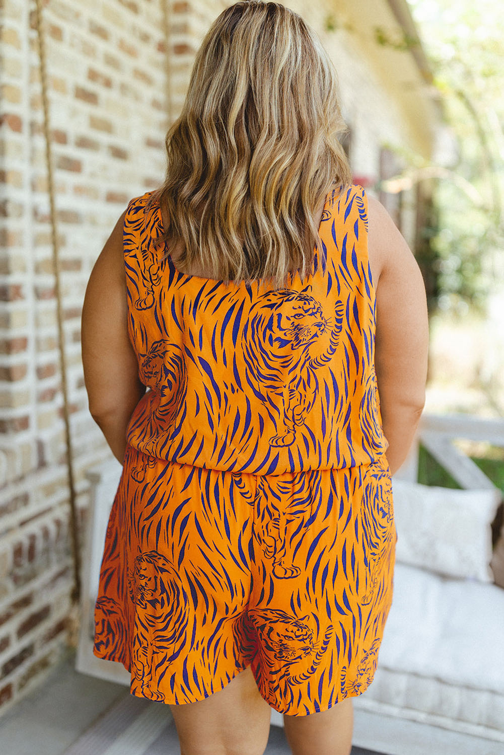 Yellow Plus Size Tiger Print Sleeveless V Neck Romper - Eloy Royal