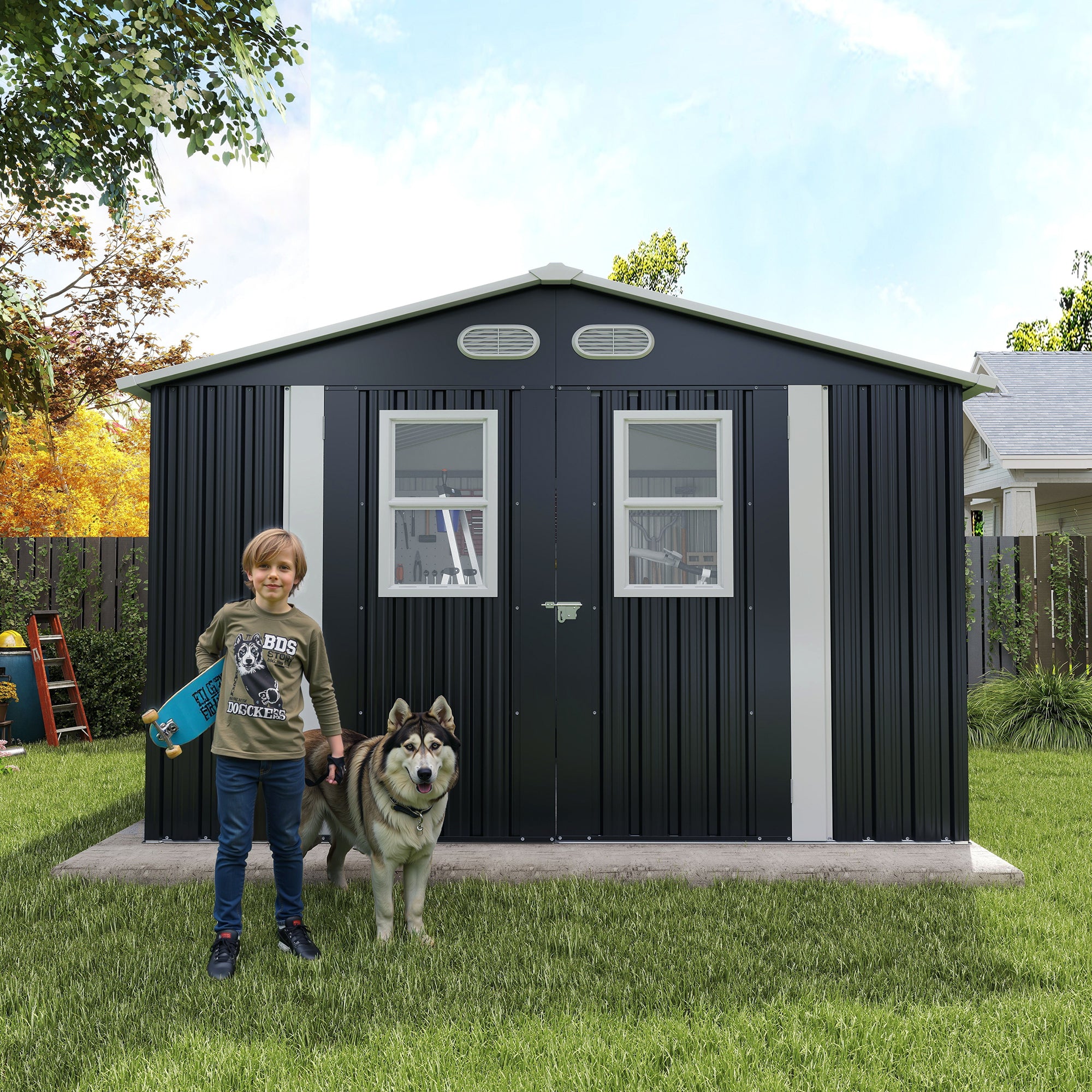 Outdoor Storage Shed, 8x8  protective film, four daylight Windows Lockable Doors,A practical and thoughtful gift,two colors can be freely selected dark gray storage sheds