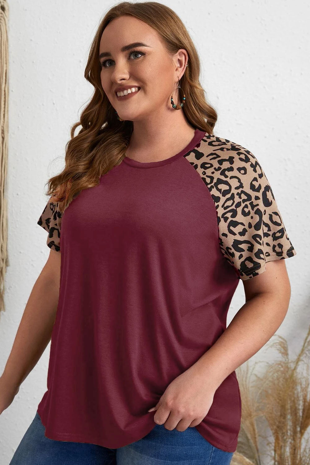 Burgundy Contrast Leopard Raglan Sleeve Plus Size T-shirt - Eloy Royal