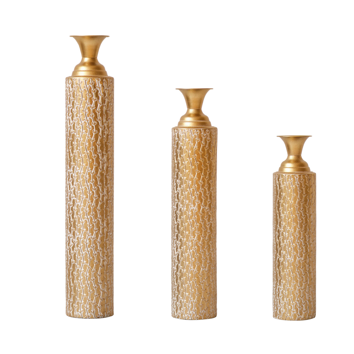 Metal Decorative Vases High Distress Metal Center Vases with Growing Vine Patterns, Set Of 3 Vases for Home Decoration 34', 29', 25'H, Gold