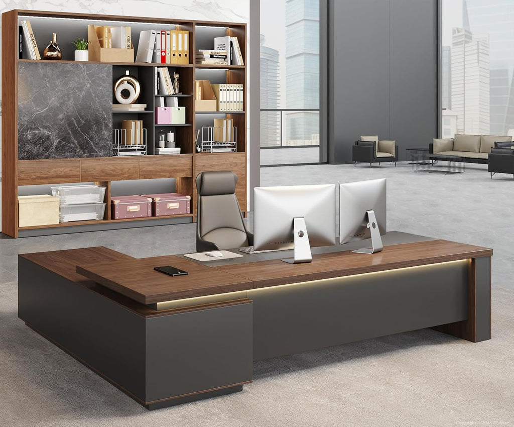 63' Reversible L-Shaped Executive Desk – Modern Large Office Desk with Drawers, Open Shelves, LED Lighting & Built-in Power/USB Ports for Home or Work (63'L × 63'W × 30'H,Red Walnut & Iron Gray)