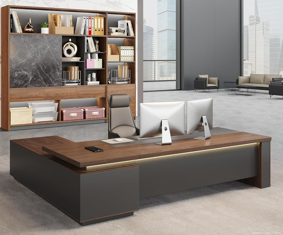 63' Reversible L-Shaped Executive Desk – Modern Large Office Desk with Drawers, Open Shelves, LED Lighting & Built-in Power/USB Ports for Home or Work (63'L × 63'W × 30'H,Red Walnut & Iron Gray)
