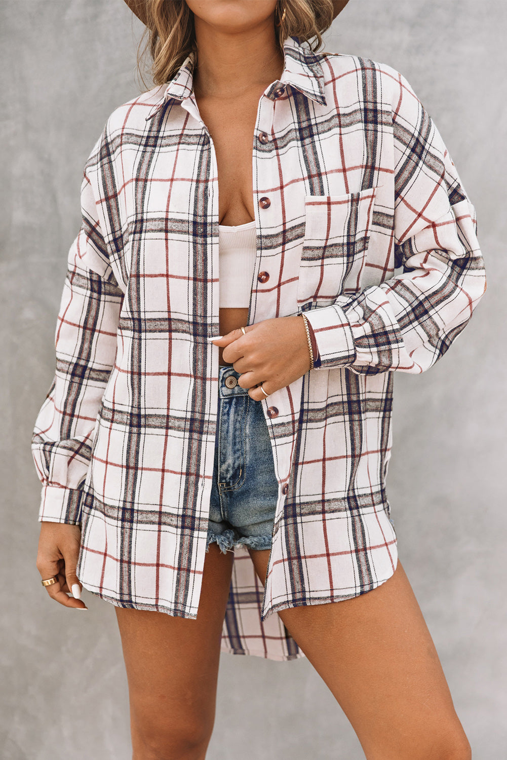 White Plaid Slits Bishop Sleeve Oversized Shacket - Eloy Royal