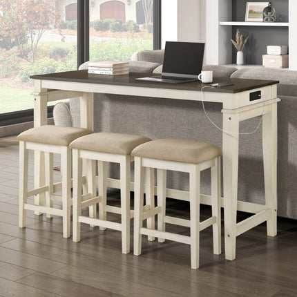 Modern Two-Tone Finish 4pc Counter Height Dining Table Set USB Power Outlets Kitchen Nook Upholstered Stools Living Area Furniture