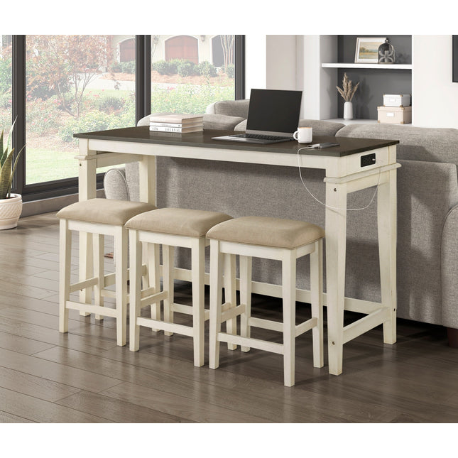 Modern Two-Tone Finish 4pc Counter Height Dining Table Set USB Power Outlets Kitchen Nook Upholstered Stools Living Area Furniture