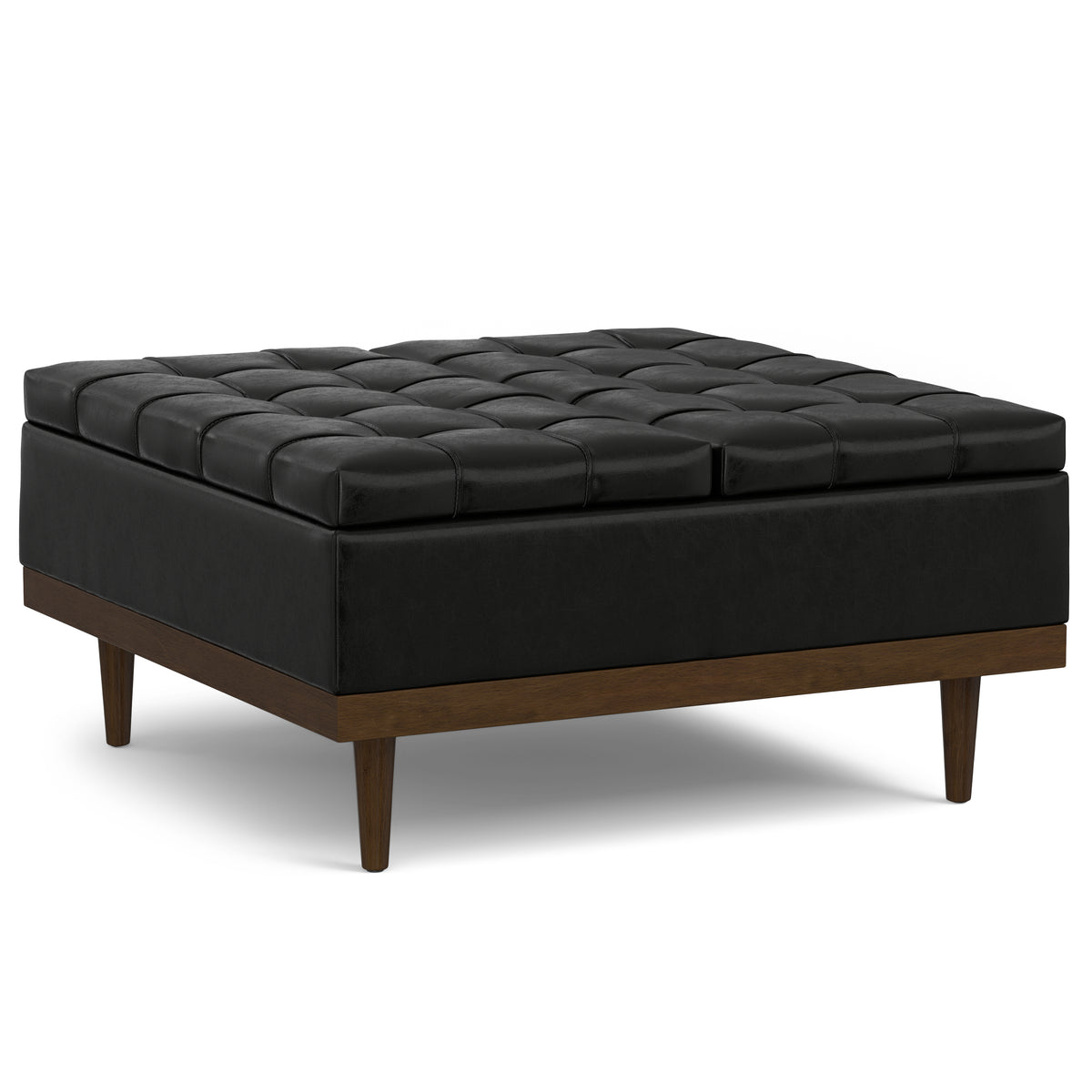 Mariah Lift Top Table Storage Ottoman in Midnight Black Vegan Faux Leather with Walnut Wood Base, 36x36 Inch