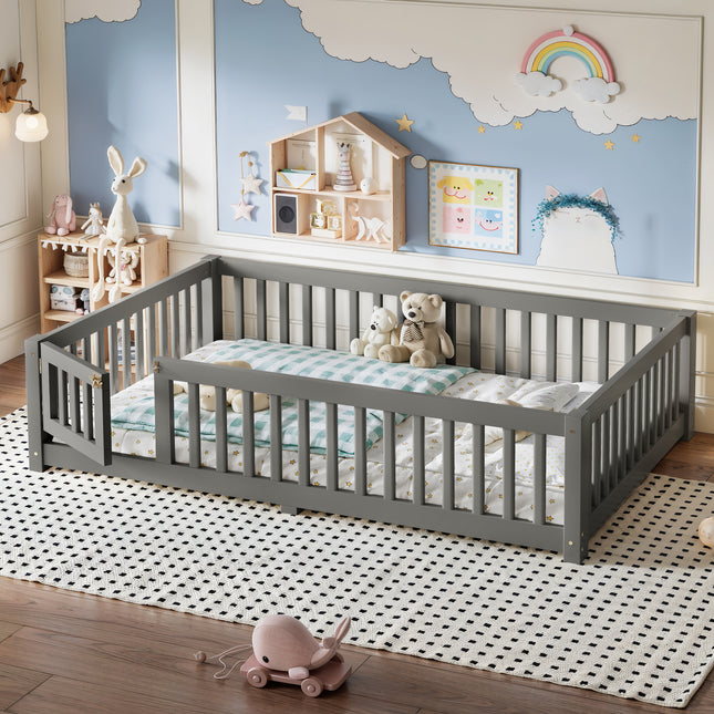 Full Size Bed Floor Bed with Safety Guardrails and Door for Kids, Gray