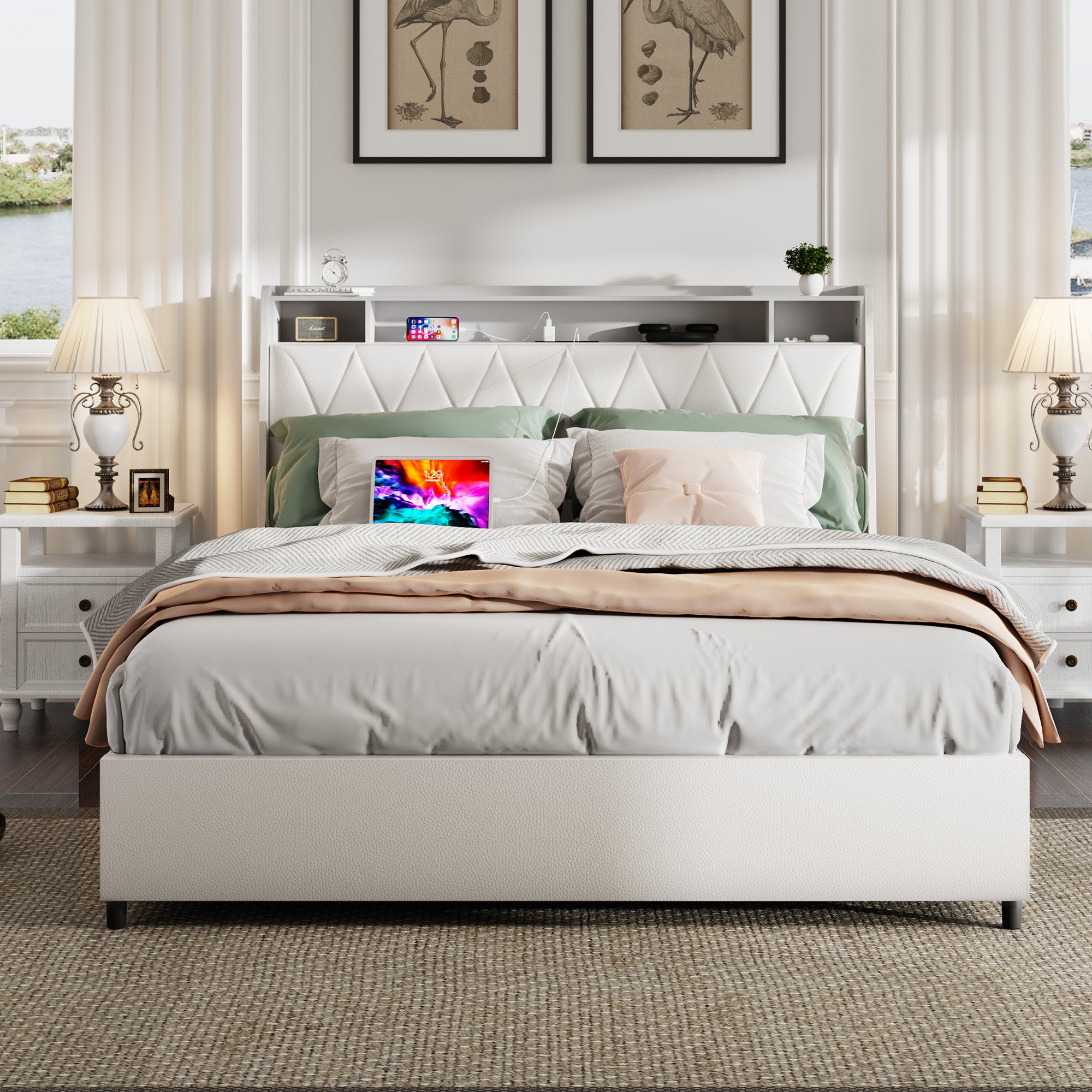 Queen Bed Frame with Ergonomic Headboard, Platform Bed Frame Queen Size with Outlets & Charger, Metal Bed Frame Queen Size with Storage Shelf, Noise-Free, No Box Spring Needed