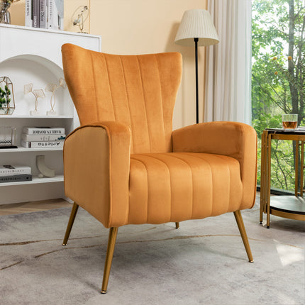 Velvet Accent Chair with Metal Legs, Modern Upholstered Armchair, Wingback Side Chair for Living Room Bedroom Small Spaces