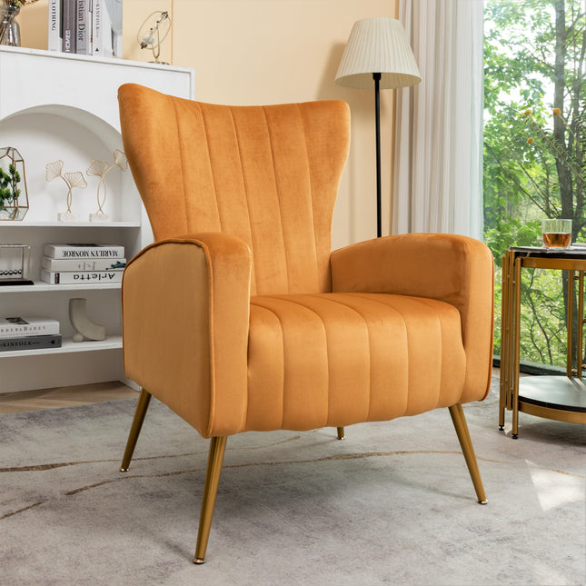 Velvet Accent Chair with Metal Legs, Modern Upholstered Armchair, Wingback Side Chair for Living Room Bedroom Small Spaces