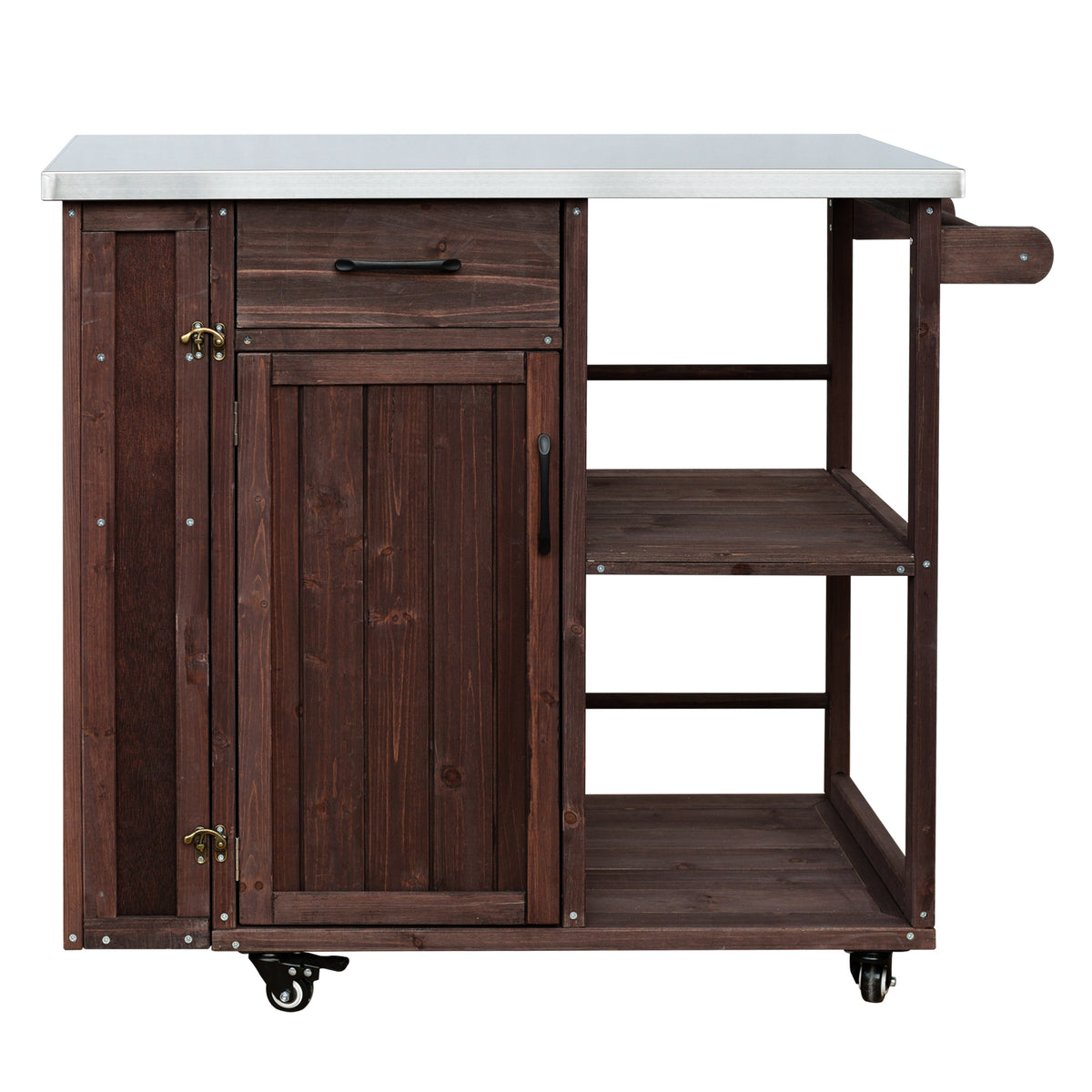 Outdoor Kitchen Island Fir Wood Prep Station with Stainless Steel Top, Lockable Wheels, Ample Storage, Towel and Spice Racks, Dark Brown