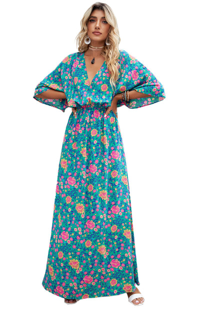 Floral Print Deep V Neck Flutter Sleeve Boho Maxi Dress - Eloy Royal