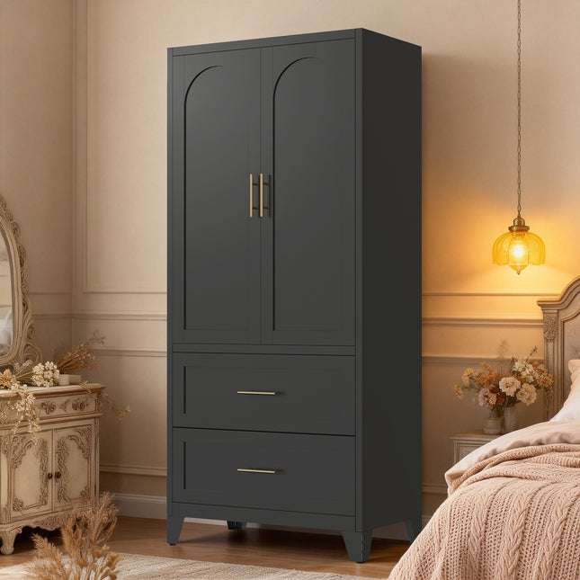 71 in Tall Metal Wardrobe Cabinet with 2 Drawers and Hanging Rod