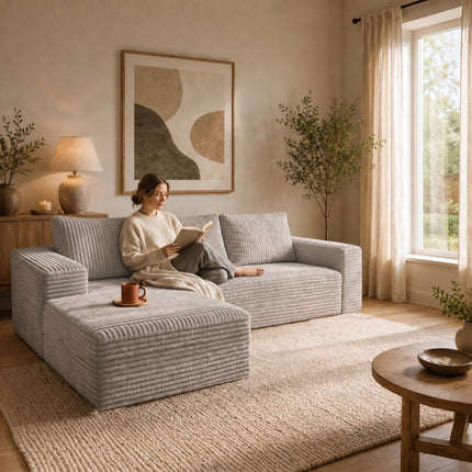 Modern Gray Corduroy Sectional Sofa with Left-Facing Chaise, L-Shaped Couch with Deep Seats & Soft Cushions, Contemporary Velvet-Like Upholstery for Living Room, Apartment (96.65' W)