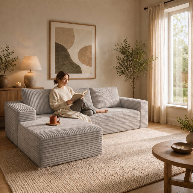 Modern Gray Corduroy Sectional Sofa with Left-Facing Chaise, L-Shaped Couch with Deep Seats & Soft Cushions, Contemporary Velvet-Like Upholstery for Living Room, Apartment (96.65' W)