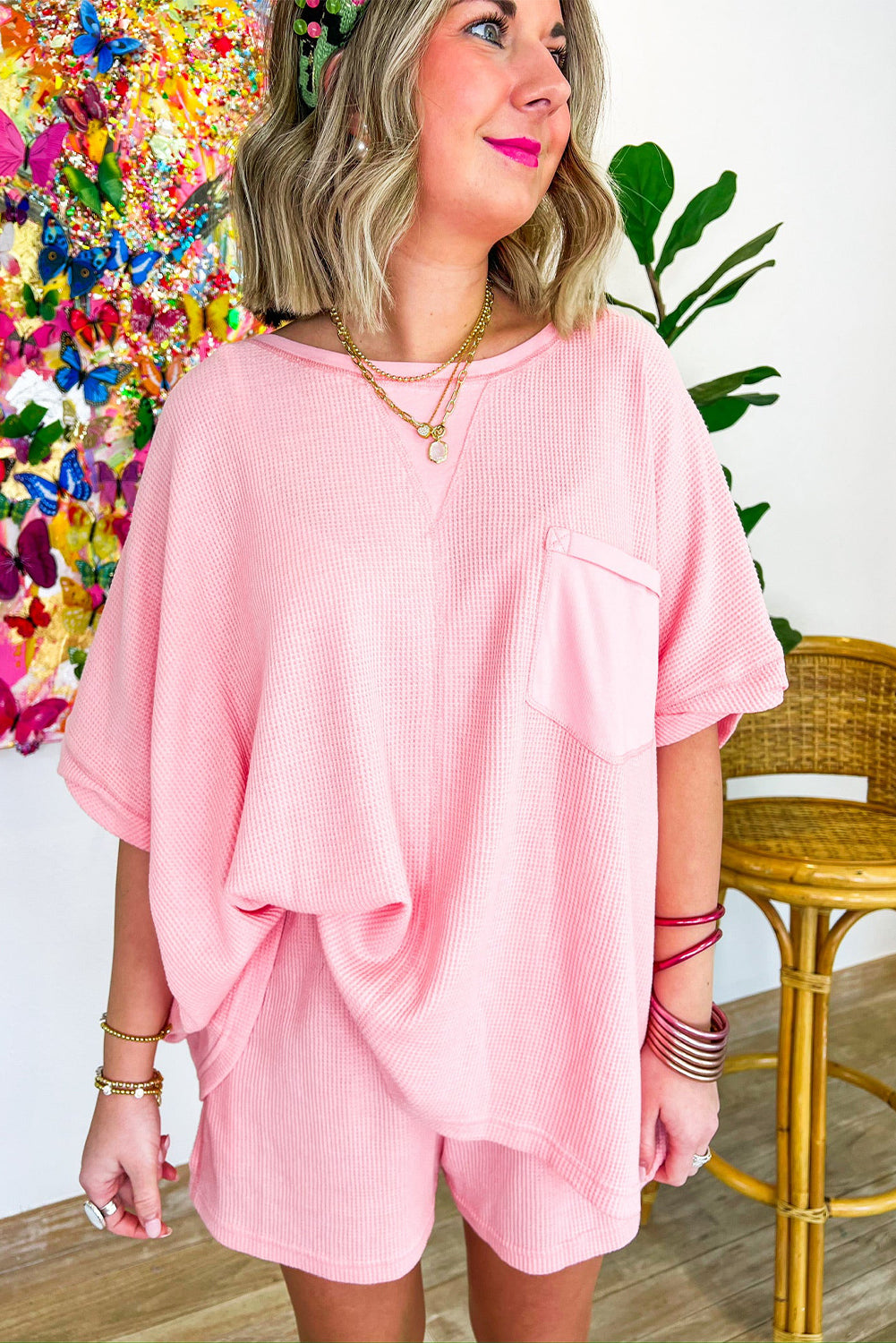 Light Pink Waffle Knit Oversize Tee and Shorts Set - Eloy Royal