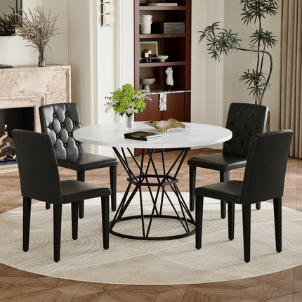 Table and chair set. A circular white MDF dining table with a diameter of 47.3 inches,black hourglass shaped metal brackets.Paired with 4 black PU dining chairs: ergonomic buckle backrest.