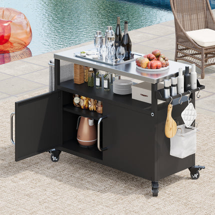 Metal Grill Cart Table with Storage Cabinet