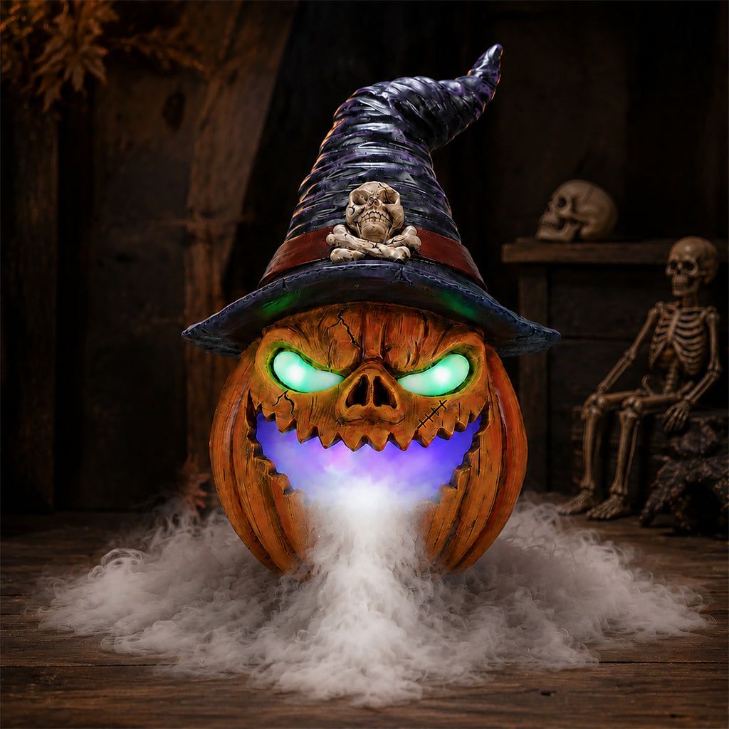 Halloween Jack-O'-Lantern Pumpkin Mist Maker Ornament, LED Light Up Fogger Figurine for Halloween