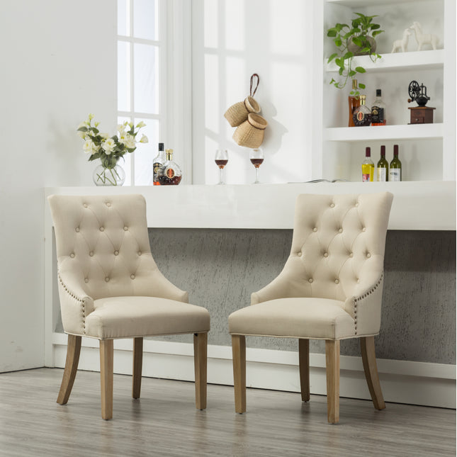 Tan Button Tufted Solid Wood Wingback Hostess Chairs with Nail Heads Set of 2