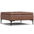 Laura Lift Top Storage Ottoman in Distressed Saddle Brown Vegan Faux Leather with Solid Wood Frame and Dual Storage Compartments