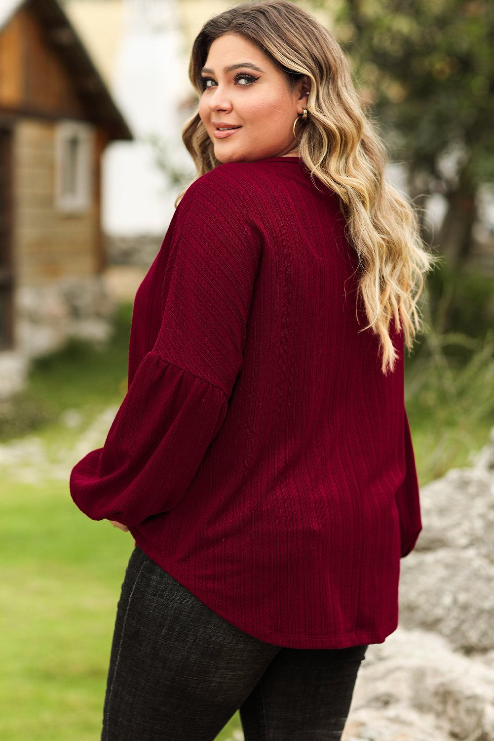 Ruby Plus Size Balloon Sleeve Textured Knit Top - Eloy Royal