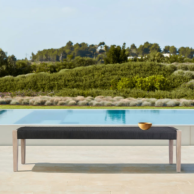 Ethre Indoor Outdoor Dining Bench in Eucalyptus Wood and Charcoal Rope